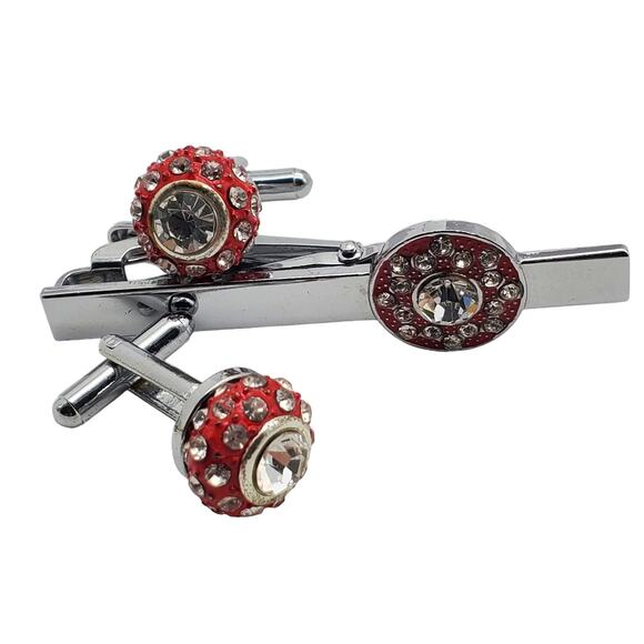 Retro Red Enamel Cufflinks Tie Clip Clasp Pave Crystal Silver Tone Ball Bold - Picture 3 of 8